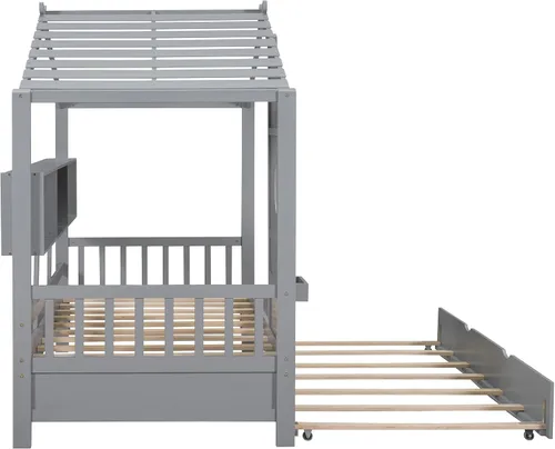 Vista 5 de Cama moderna de tamaño individual con nido, marco de cama de madera resistente con armazón de almacenamiento, techo y ventana para niños, niñas
