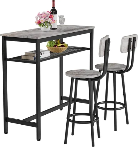 Vista 19 de Juego de mesa de comedor para 2, mesa de bar y sillas para 2, juego de mesa de bar pequeña de 3 piezas con 2 taburetes, parte superior de mármol
