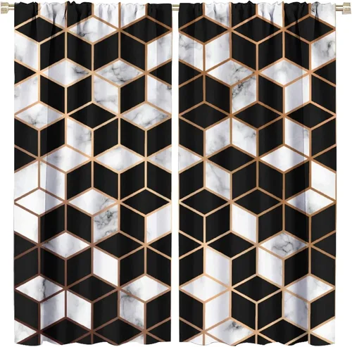 Vista 38 de Cortinas abstractas de mármol de lujo de lujo azul marino dorado a rayas con patrón de mármol estampado para dormitorio, sala de estar, cortinas