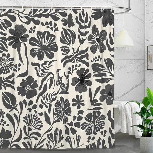 Vista 13 de Cortina de ducha botánica floral bohemia, bonita cortina de baño abstracta de mediados de siglo, flores modernas de mediados de siglo, primavera