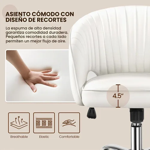 Vista 4 de Yaheetech - Silla de escritorio de piel sintética color crema, asiento giratorio copetudo