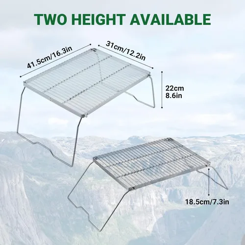 Vista 2 de YETO Parrilla de camping de dos alturas con patas de acero inoxidable 304 plegable para fogata sobre fuego portátil y bolsa de transporte