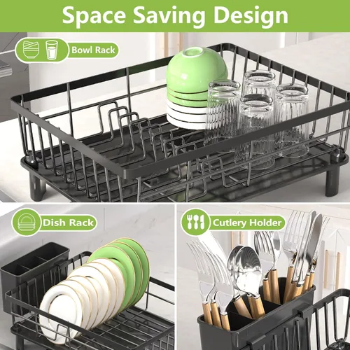 Vista 7 de Escurridor de platos para encimera de cocina, escurridor de acero inoxidable con soporte desmontable para cubiertos, sistema de drenaje automático