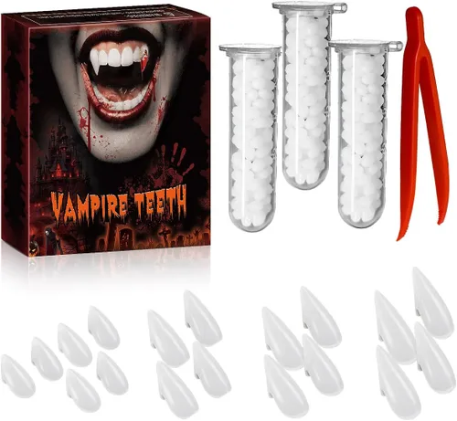 Vista 9 de 3 pares de dientes de vampiro, 3 tamaños de colmillos de vampiro