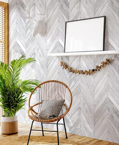 Vista 6 de Ismoon 15.6" x 118" Papel pintado de madera blanca en espiga de 15.6 x 118 pulgadas, papel de contacto de madera blanca gris, vinilo autoadhesivo