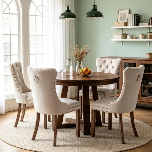 Vista 21 de Juego de 4 mesas de comedor redondas de 5 piezas para 4, 43.3 a 59 pulgadas, extensibles, redondas a ovaladas, juego de 4, mesas de comedor de Mesa