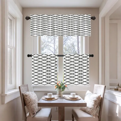 Vista 6 de Cortinas opacas de poliéster multicapa para cafetería, con diseño de diamantes, 2 unidades, 26 x 24 pulgadas