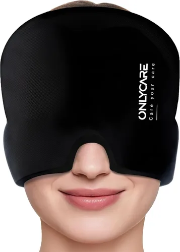 Vista 13 de ONLYCARE Gorro de alivio para migraña, máscara calmante para migraña, envoltura de gel de hielo para cabeza sin olor mejorada, terapia de frío