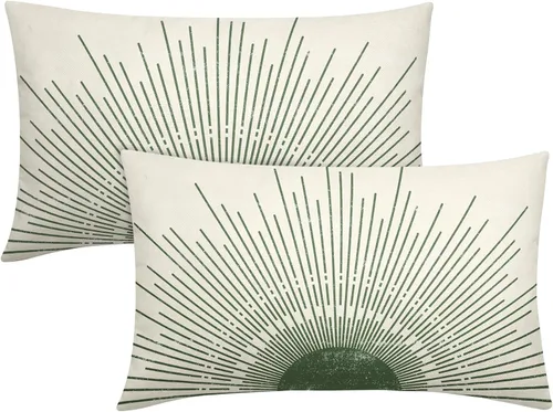Vista 7 de Juego de 2 fundas de almohada verdes bohemias de 16 x 16 pulgadas, diseño bohemio, amanecer, puesta de sol, estampado abstracto de sol, fundas