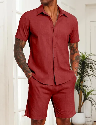 Vista 10 de COOFANDY Conjunto de 2 piezas de algodón y lino para hombre, camisas de manga corta con botones, pantalones cortos de playa de verano, trajes