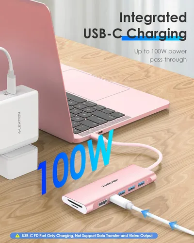 Vista 5 de LENTION Hub multipuerto USB C 7 en 1 con HDMI 4K, 100 W PD, 3 puertos USB 3.0, lector de tarjetas SD/MicroSD compatible con MacBook Pro/Air/Neo Oro