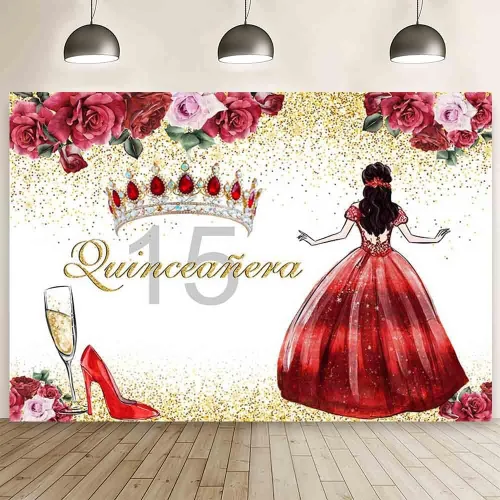 Vista 9 de AIBIIN Telón de fondo de quinceañera de 15 cumpleaños para niñas, fondo de fotografía rosa floral dorado con purpurina, corona de princesa, tacones
