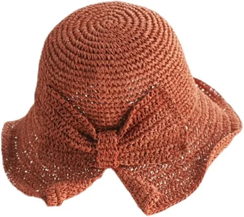 Vista 6 de Sombrero de playa plegable de ala ancha con paja, gorra de cubo de verano con lazo para mujeres y niñas Beige