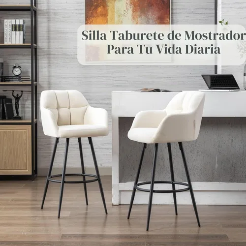 Vista 6 de ROCITY Juego de 2 taburetes de bar de terciopelo con respaldo, silla de bar beige para isla de cocina, taburetes de bar modernos con patas de metal