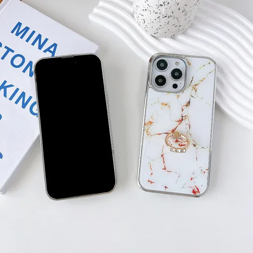 Vista 5 de Funda para iPhone 14 Pro Max con soporte de anillo, soporte híbrido plateado TPU parachoques con parte trasera dura patrón floral funda protectora