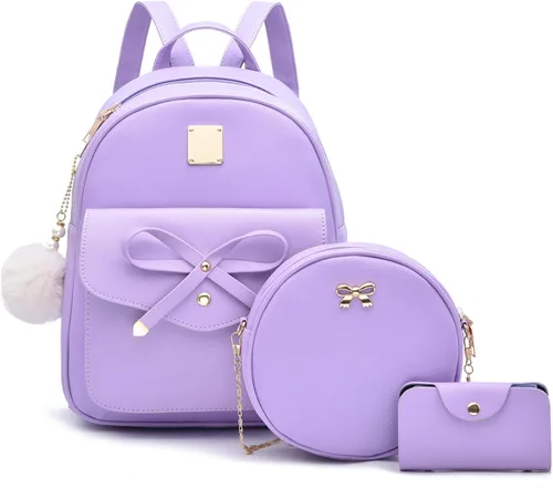 Vista 21 de I IHAYNER Mochila de cuero de moda de 3 piezas con lazo para niñas, mochila, bolso para mujer, mochila para damas, bolsa de hombro Beige