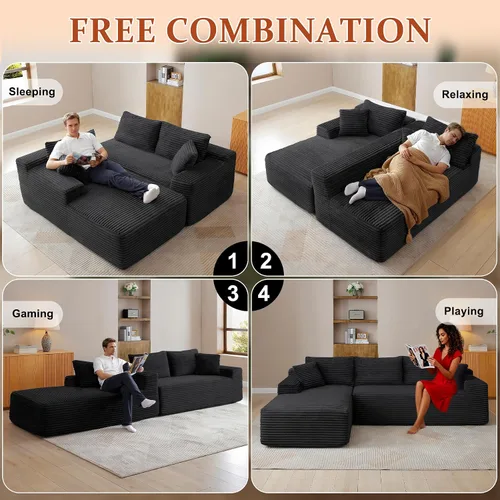 Vista 3 de Sofá deshuesado de 95 pulgadas para sala de estar, sofá modular en forma de Negro+Izquierda