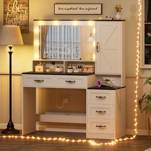 Vista 9 de Escritorio negro con espejo y luces, tocador de maquillaje con 9 cajones, 6 estantes y toma de corriente, espejo de pantalla táctil, tocador
