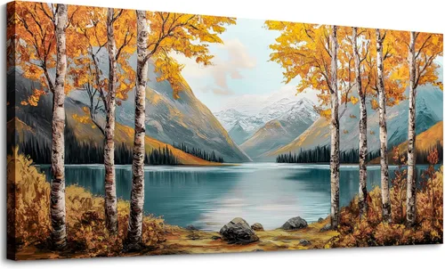 Vista 8 de SLYCAY Lienzo grande con árbol de la vida dorado para pared, pintura de paisaje, naturaleza, nieve, montaña, lago, paisaje, decoración de pared