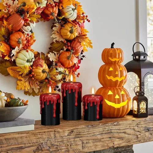 Vista 6 de Wondise Velas de Halloween sin llama con temporizador de 6 horas, velas LED negras de cera real que gotean a pilas, mecha 3D, parpadeante