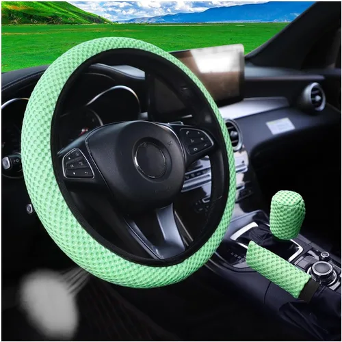 Vista 15 de Bittwee 3 piezas, juego de cubiertas para volante de auto de 15 pulgadas, cubierta para apoyabrazos, cubierta para palanca de cambios, de microfibra
