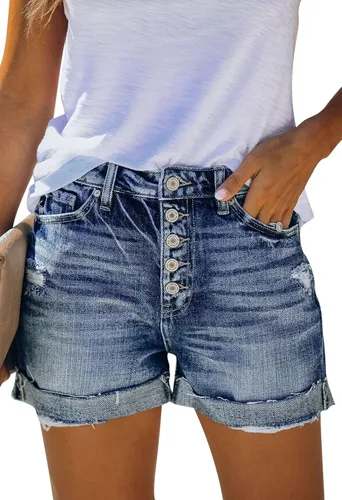 Vista 2 de Pink Queen Pantalones cortos de mezclilla de cintura alta para mujer, estilo casual, rasgados, de verano, pantalones cortos desgastados
