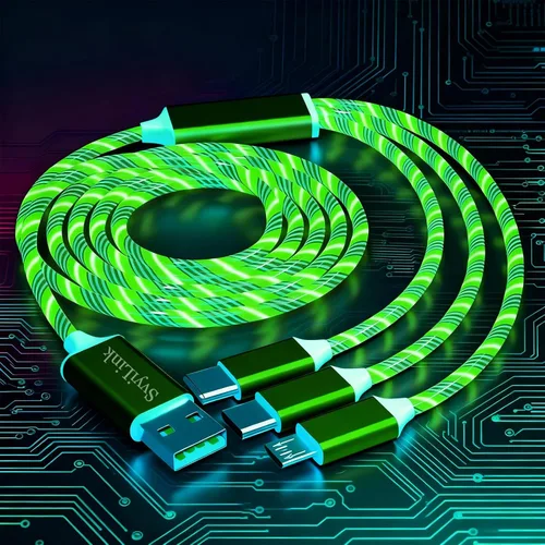 Vista 10 de Cable USB PD cargador rápido iluminado (USB 3 en 1 azul), cable de datos de teléfono, cable de carga de luz fluida, 39 pulgadas, material TPE