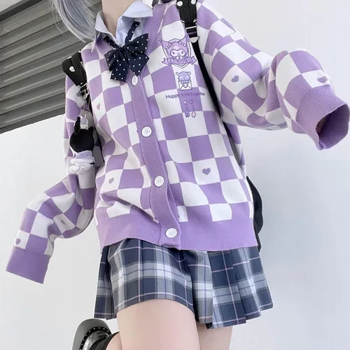 Vista 2 de Kawaii Button Knitted Outerwear Women's Japan Cute Cardigan Plaid Sweater Kawaii Jk Uniform Cardigan Sweater Cosplay Sweater