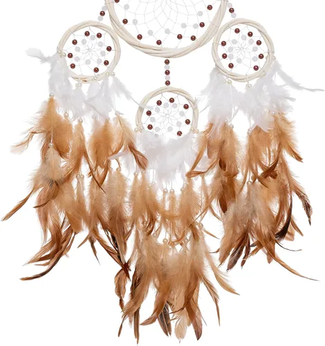 Vista 2 de Atrapasueños grandes de ratán, pluma de gallo marrón con perla de lujo, multianillo, atrapasueños hecho a mano para dormitorio, atrapasueños