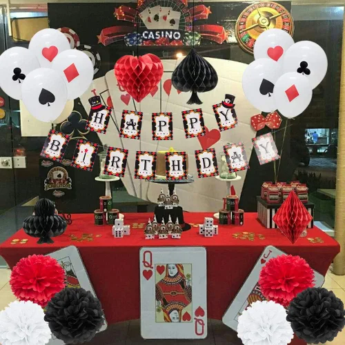 Vista 2 de Suministros para fiesta de cumpleaños de mago con temática de póquer de Las Vegas, globos de látex con temática de casino, pompones de papel