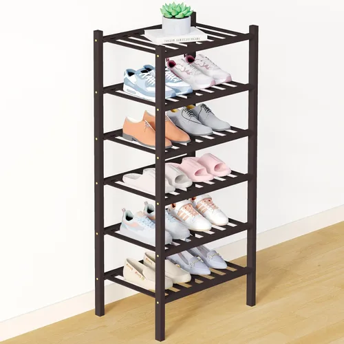 Vista 8 de Smiry Zapatero de bambú para armario, organizador de zapatos de madera de 3 niveles, estante apilable de almacenamiento de zapatos de madera