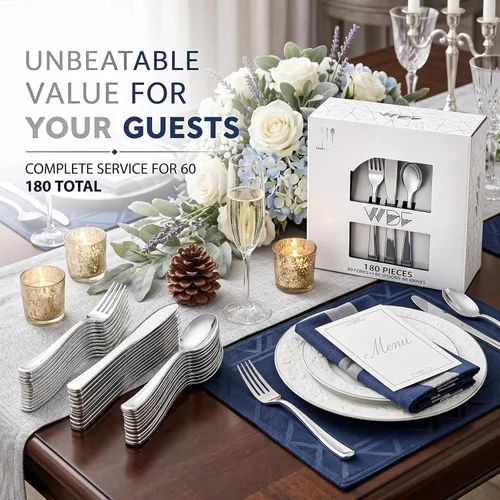 Vista 6 de WDF 180 cubiertos de plástico plateado – cubiertos de plástico plateado – cubiertos de plástico elegante resistente – 60 tenedores, 60 cuchillos, 60