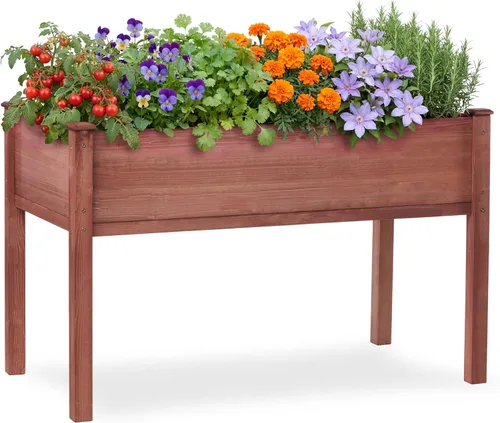 Vista 9 de Cama de jardín elevada con patas, 31 x 16 x 31 pulgadas, jardinera elevada de madera para exteriores, patas gruesas, con forro Marrón