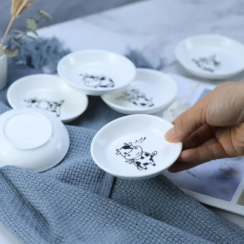 Vista 3 de Divertidos platos de cerámica con diseño de vaca y pájaro de caricatura, platos de condimentos, cuencos de sushi y soja, platos de aperitivo, platos