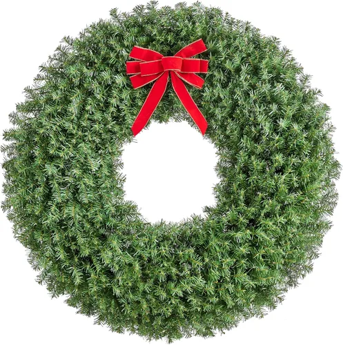 Vista 3 de Yaheetech 2 coronas artificiales grandes de Navidad de 60 pulgadas, decoración navideña preiluminada con lazo rojo, 300 luces LED y 1026 puntas