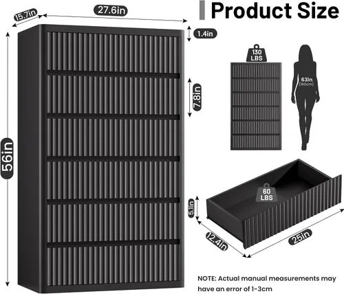 Vista 2 de Standifurno Cómoda negra de 56 pulgadas de alto para dormitorio, moderna acanalada con 6 cajones profundos, cómoda de madera con asas, perfiles Negro