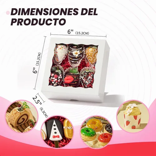 Vista 3 de 20 cajas de panadería blancas con ventana de 6 x 6 x 2.5 pulgadas, cajas de chocolate pequeñas para pasteles, macarrones, pasteles y trufas