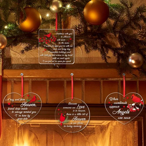 Vista 2 de Red Cardinal - Adornos conmemorativos acrílicos transparentes, regalos de Navidad en el cielo y condolencias por la pérdida de un ser querido