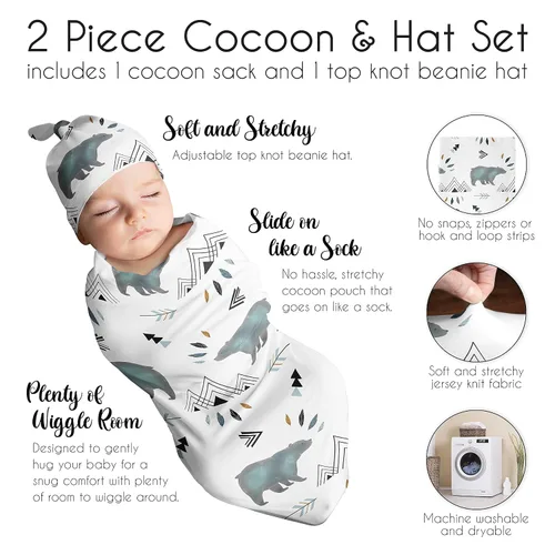 Vista 6 de Sweet Jojo Designs Bear Mountain - Juego de 2 gorros de capullo y gorro de punto elástico para bebé recién nacido, saco de dormir para bebé, saco
