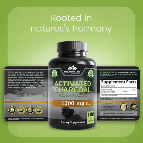 Vista 8 de NaturaLife Labs Carbón activado 1200 mg por porción - de cáscaras de coco - 100 cápsulas vegetales - Sin OMG, sin gluten, vegano (2)