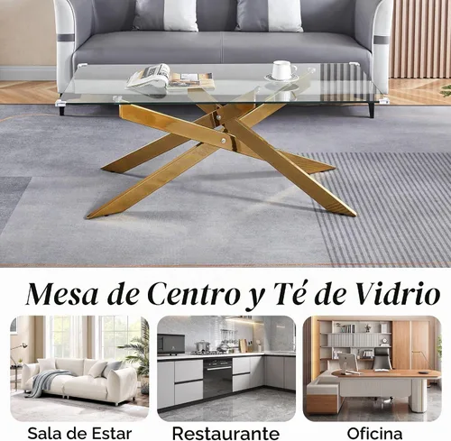 Vista 5 de Mesa de centro de cristal de 47 pulgadas, moderna tapa rectangular de vidrio templado con patas de metal con cruz dorada, mesa central de espacio