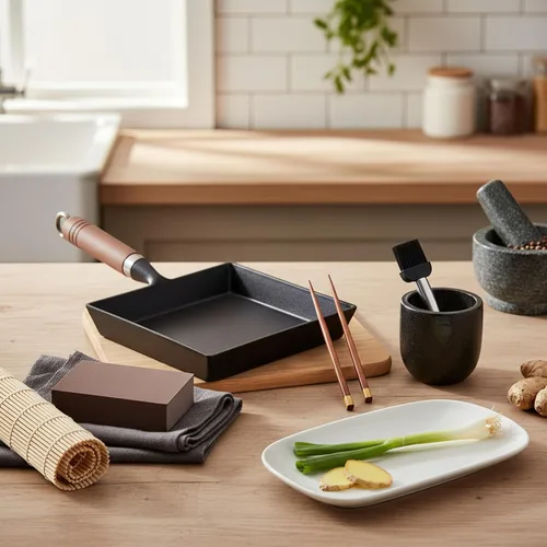 Vista 3 de Sartén japonesa Tamagoyaki de hierro fundido, pre-sazonada, tratada con nitrógeno líquido, no se oxida, lista para usar, mango de madera