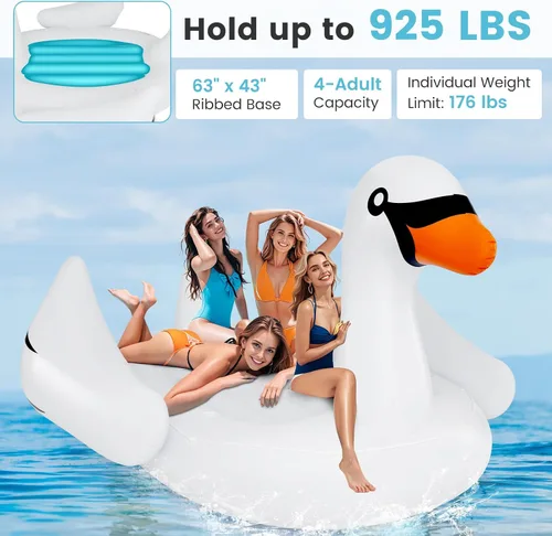 Vista 2 de Goplus Isla flotante de cisne inflable gigante, flotador de piscina para 4 personas con 4 soportes para tazas, muelle flotante recreativo para lago