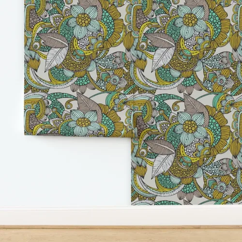 Vista 4 de Muestras de papel tapiz para despegar y pegar, mostaza, menta, flores, garabatos, líneas, puntos, círculos, estilo vintage, bohemio, papel tapiz