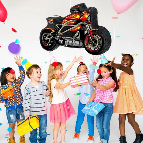 Vista 5 de Shappy Piñata de motocicleta 3D Dirt Bike Piñata con palo para los ojos vendados, decoración de cumpleaños de motocicleta roja, decoración de fiesta
