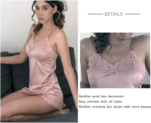 Vista 3 de Vestido de lencería sexy de satén con cuello halter, camisón de encaje para mujer