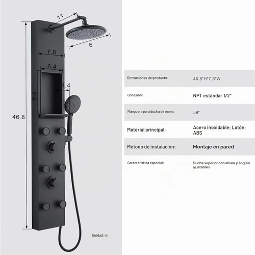 Vista 7 de Sistema ajustable de la cabeza de la lluvia de la altura del brazo de la ducha de la torre del panel Stainless Steel Shower Panel with Shelf and 6