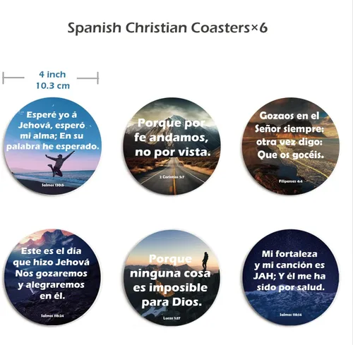 Vista 5 de Portavasos bíblicos españoles – Juego de 6 posavasos de cerámica inspiradores con versículos de la Biblia, respaldo de corcho y soporte, protege tu
