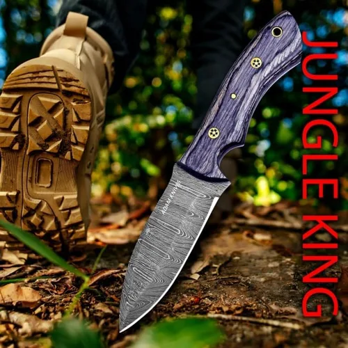 Vista 5 de Cuchillo de caza de acero de Damasco de hoja fija con funda de cuero de 9 pulgadas, cuchillo de caza de espiga completa, mango de madera