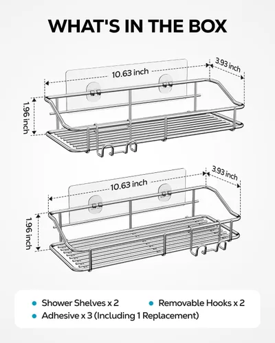 Vista 6 de Nieifi - Estante adhesivo para ducha con estantes de almacenamiento sin perforación de acero inoxidable con ganchos para baño, lavabo, aseo